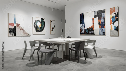 Minimalist art gallery with modern dining table and chairs. Abstract paintings adorn white walls in spacious, well-lit room. Concrete floor and sleek furniture create contemporary aesthetic