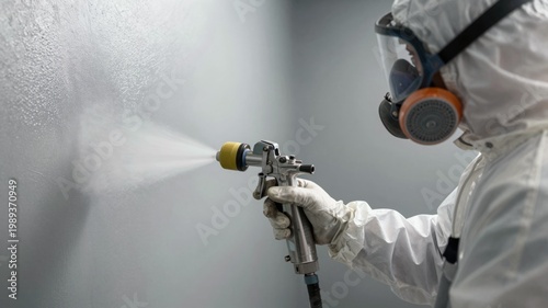 Paint sprayer nozzle painting wall with fine mist, professional spray painting, efficient large surface coating