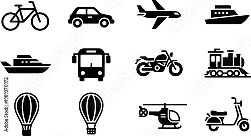 Collection of black transportation including bicycle car airplane ship bus motorcycle train hot air balloon