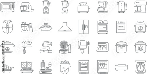 Collection of line depicting various kitchen appliances and cooking devices line cooking microwave