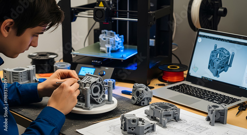 Teenage Boy Assembling 3D Printed Mechanical Part With CAD Design On Laptop Screen