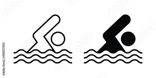 Swimming icon in stroke outline style with flat version