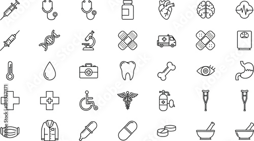 Collection of medical and healthcare line on white background syringe