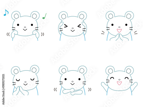 手遊びをするネズミのイラストセット　カラー線画