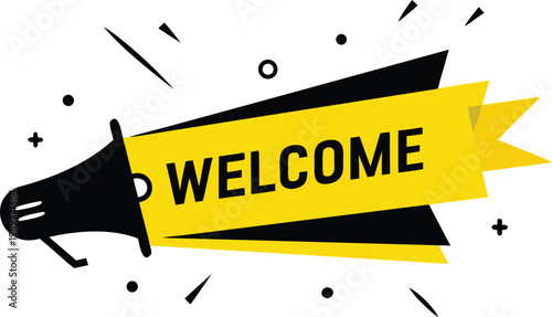 Embrace the spirit of welcoming with this vibrant graphic featuring a megaphone announcing 'WELCOME' in bold letters, symbolizing a warm reception and open invitation