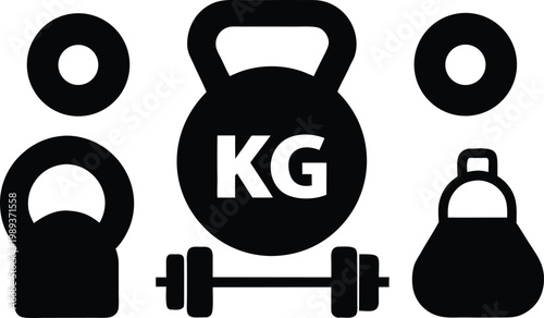 Collection of workout weights and gym equipment including kettlebells, dumbbells, and weight plates for fitness and exercise