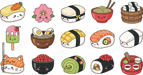 Cute kawaii sushi cartoon set with rolls, nigiri, ramen and desserts, adorable Japanese food characters for kids illustration design