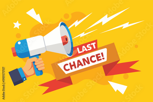 Last Chance Announcement with Megaphone and Red Ribbon - Get Your Offer Now Before It's Too Late!