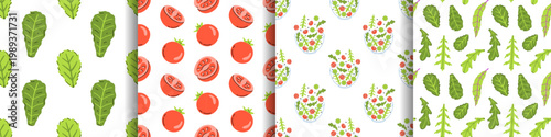 Vector set of seamless salad pattern with lettuce leaf, tomato, vegetables salad bowl, arugula leaves. Fresh organic food backgrounds for kitchen textile, packaging print and healthy menu design.