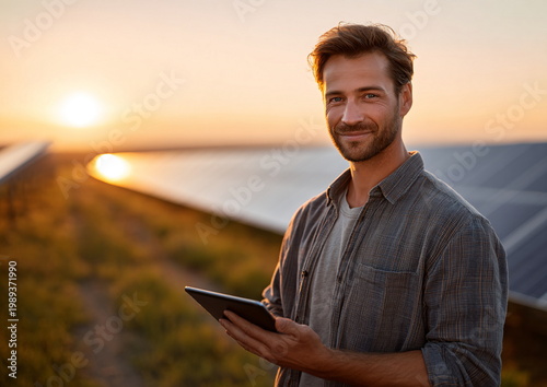 Smiling engineer in casual shirt with tablet working on solar panel farm at sunset