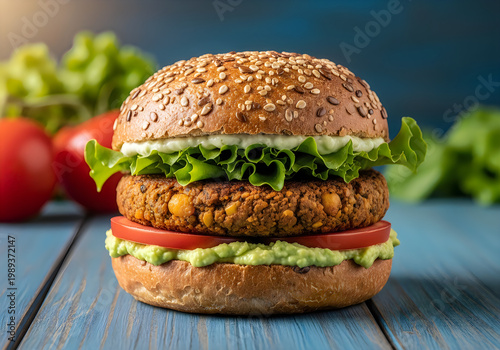Delicious vegan burger with avocado lettuce tomato on sesame seed bun on blue wooden table transparent background