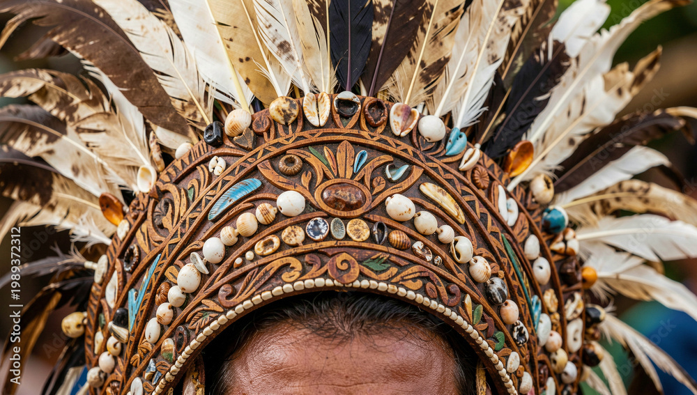 Obraz premium Close-up of ornate headdress with feathers and beads. Feathers vary in color and texture, some white, some dark. Beads and jewels line intricate, curved headpiece design