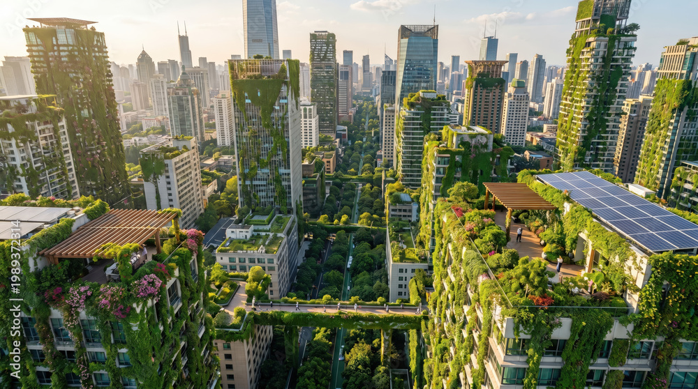 Obraz premium City skyline integrated with greenery symbolizing harmony between urban life and nature.