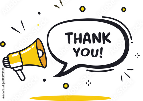 Hand-drawn yellow megaphone with 'Thank You!' in a speech bubble, a doodle-style graphic symbolizing gratitude, appreciation, and clear positive communication