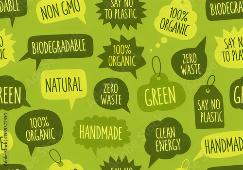 Eco friendly green seamless pattern with biodegradable and organic speech bubbles 