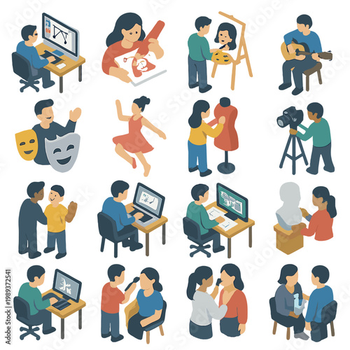 Collection of isometric illustrations depicting various creative professions and hobbies