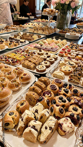 Delicious pastries fill multiple trays. Fresh berries, chocolate, and cream adorn the treats. Warm golden crusts contrast with colorful toppings. Serving trays overflow with sweet delights