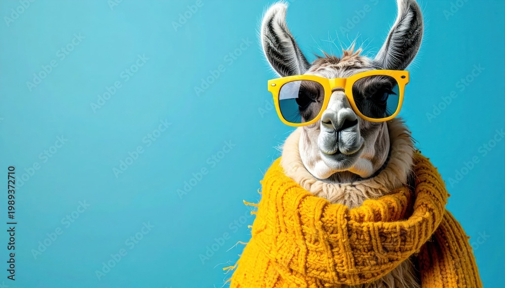 Fototapeta premium Funny Llama Wearing Yellow Sunglasses and Scarf on Blue Background.