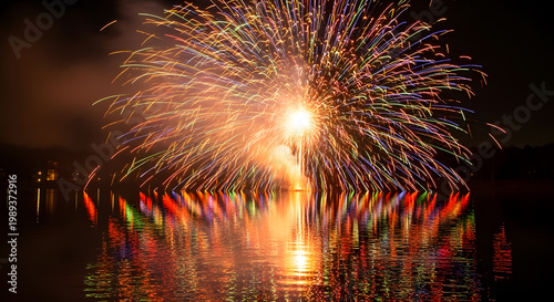Vibrant Fireworks Display Over Calm Water Reflecting Brilliant Colors During Night Celebration