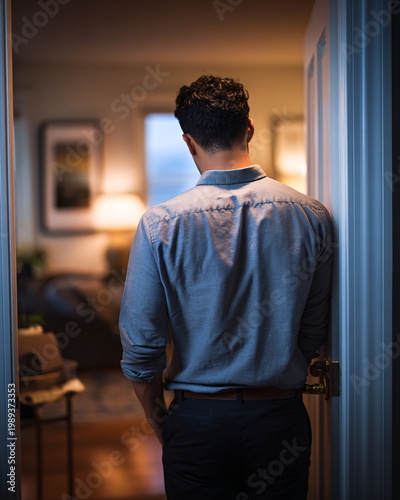 Man in his 30s standing in doorway looking into dimly lit room with hands in pockets