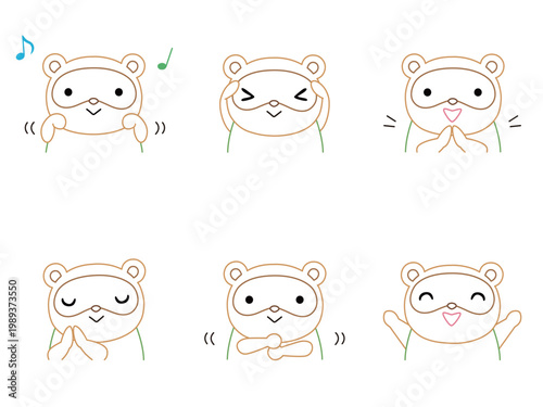 手遊びをするタヌキのイラストセット　カラー線画