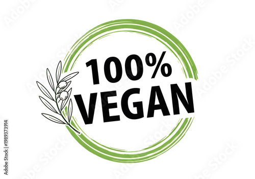 Vegan logo with green circle and olive branch illustration 