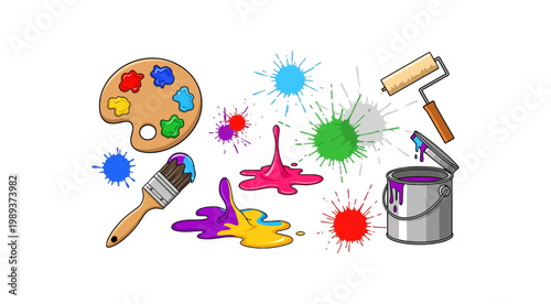 Colorful Painting Supplies with Splashes and Palette Illustration.