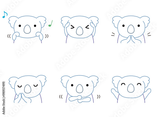 手遊びをするコアラのイラストセット　カラー線画