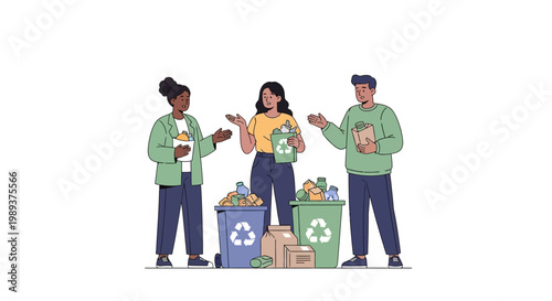 Diverse group of young people sorting waste and recycling for environmental sustainability. EPS Editable. Vector Illustrations.