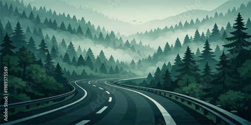 Scenic asphalt highway winds through the lush forest and snow-capped peaks of the Alberta Rockies during a summer travel vacation in Canada