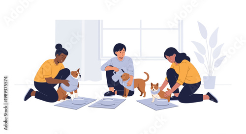 Diverse group of young people taking care of their small pet dogs indoors. EPS Editable. Vector Illustrations.