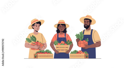 Diverse group of farmers holding wooden crates filled with fresh organic vegetables. EPS Editable. Vector Illustrations.