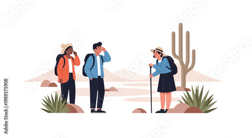 Diverse Group of Hikers Exploring Together in a Sunny Desert Landscape. EPS Editable. Vector Illustrations.