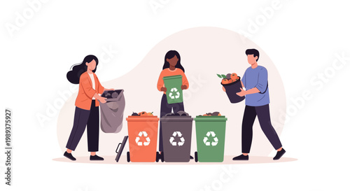 Diverse group of people actively sorting and recycling waste into colorful bins. EPS Editable. Vector Illustrations.