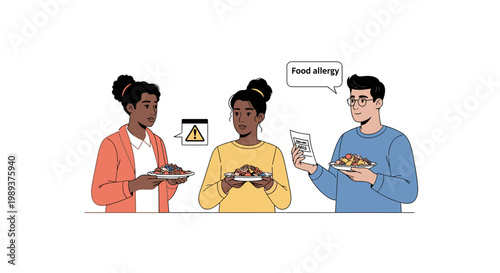 Diverse group of people checking food ingredients for potential allergens. EPS Editable. Vector Illustrations.