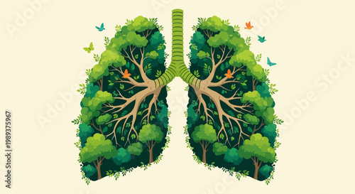 Vibrant forest within human lungs, illustrating the essential connection between nature's breath and a healthy planet