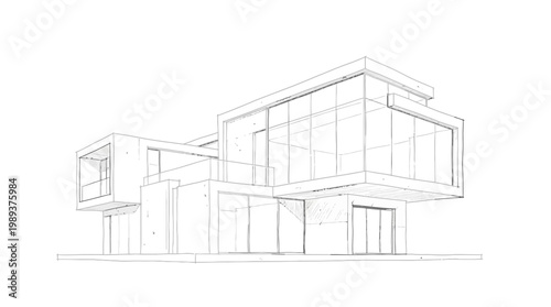 Architectural line drawing of a contemporary modern house, showcasing minimalist design and large glass windows