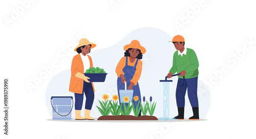 Diverse Group of People Gardening Together in a Sunny Garden Plot. EPS Editable. Vector Illustrations.