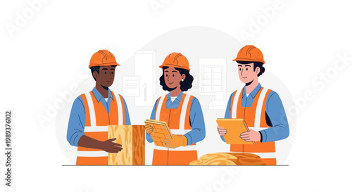 Diverse group of professional construction workers in safety gear discussing project plans. EPS Editable. Vector Illustrations.