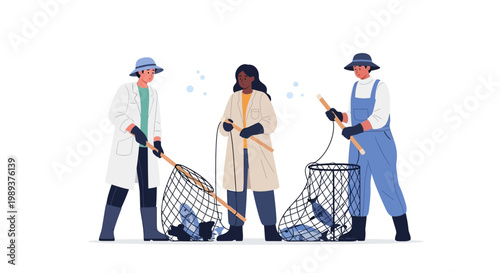Diverse group of professional researchers collecting water samples with nets. EPS Editable. Vector Illustrations.