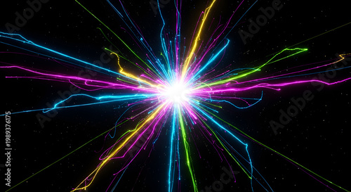 Abstract Colorful Light Streaks Exploding Outwards From A Bright White Center On A Black Background
