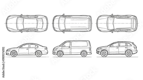 Versatile Vector Illustrations of Semi-Trucks Top and Side Views in Line Art and Solid Fill for Transportation Design