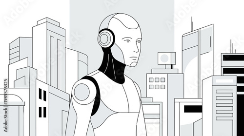 Sleek human-like robot observing a modern metropolis, symbolizing the advanced integration of artificial intelligence into future urban environments