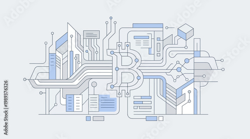 Modern FinTech visualization intricate network of digital currency, blockchain technology, and secure global financial data