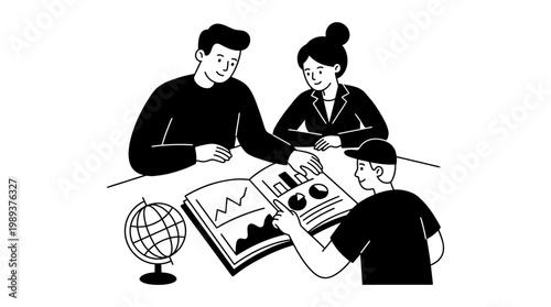 Diverse Group of Students Collaborating on Research Project. EPS Editable. Vector Illustrations.