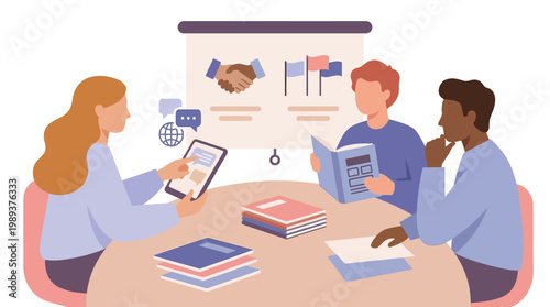 Diverse Group of Students Collaborating on a School Project. EPS Editable. Vector Illustrations.