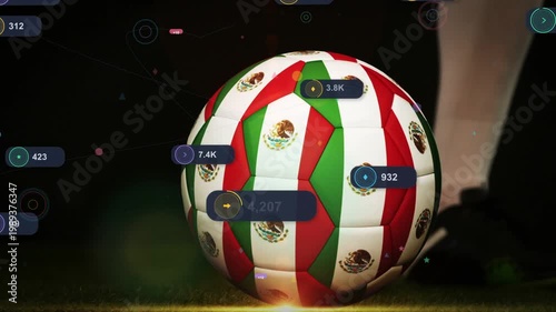 Soccer player planting foot, kicking Mexican ball; UI bubbles attaching to ball and updating stats