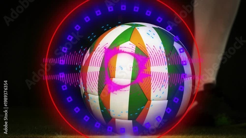 Cleated foot tapping soccer ball on turf, activating neon HUD rings and pulsing sports tech flare