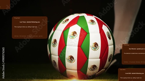 Soccer ball on turf, sports UI boxes appearing, player cleated foot contacting ball moving for play