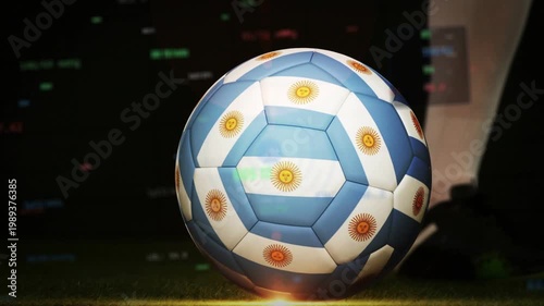 Soccer player stepping and striking Argentina ball, HUD showing spin returning center for shot